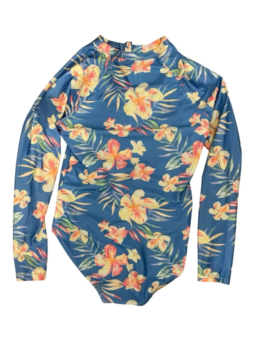 Wonder Nation Girl's Long Sleeve Front Zip Floral Swimsuit Rash Guard Size 10/12
